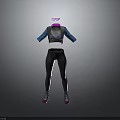 Fashionable Women's Outfit with Black Top Contrast Blue Sleeves Textured Dark Pants and Pink Shoes