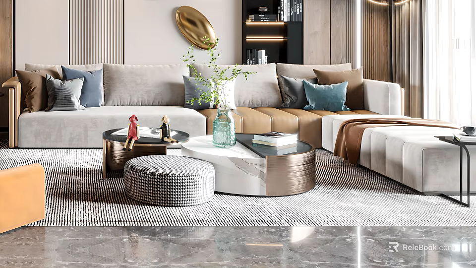 Modern Sofa Coffee Table Set With Marble Top Metal Frame And Decorative Pillows 3d model 