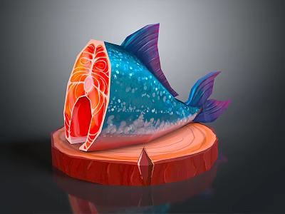Sliced Fish With Blue Spotted Exterior And Red Interior On Circular Red Wooden Base 3d model
