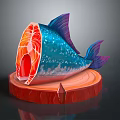 Sliced Fish With Blue Spotted Exterior And Red Interior On Circular Red Wooden Base