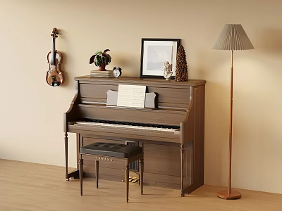 Musical Instruments And Art Supplies in Room Interior with Piano Violin Framed Picture Sheet Music 3d model