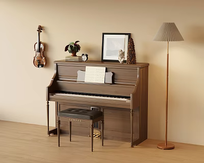 Musical Instruments And Art Supplies in Room Interior with Piano Violin Framed Picture Sheet Music 3d model