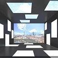 Indoor Display Space With White Rectangular Panels Skylights And Cityscape Screen 3d model