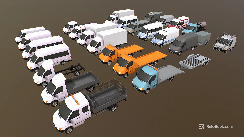 Different Types of Commercial Vehicles in Multiple Colors Including Trucks Vans and Trailers 3d model 