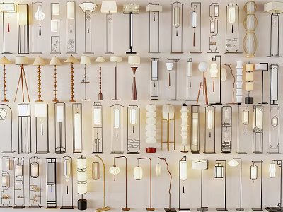 Various Stylish Floor Lamps With Different Shapes Bases And Light Shades 3d model