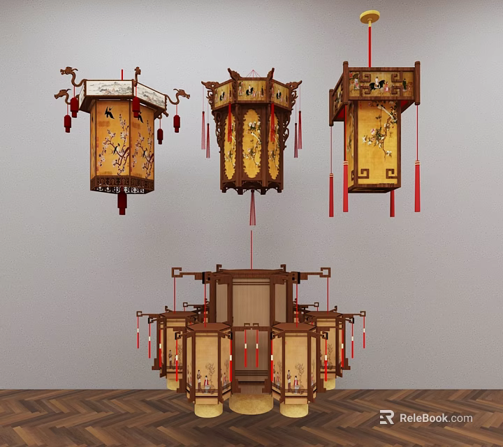 Traditional Chinese Decorative Lanterns With Wooden Frames Intricate Patterns And Red Tassels 3d model 