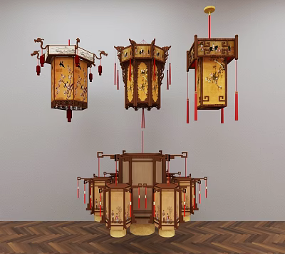 Traditional Chinese Decorative Lanterns With Wooden Frames Intricate Patterns And Red Tassels 3d model