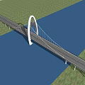 Modern Arch Bridge With White Structure Spanning Water Road Lanes Under Blue Sky