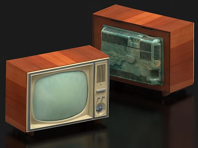 Vintage Televisions With Wooden Cases Featuring Pale Green Screen And Visible Internal Components 3d model