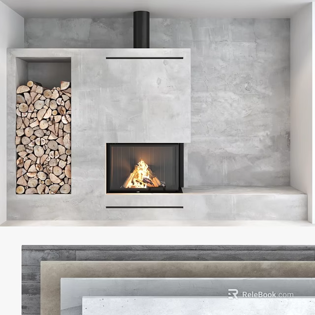 Modern Fireplace Design With Gray Wall Wood Stack And Burning Flames 3d model 