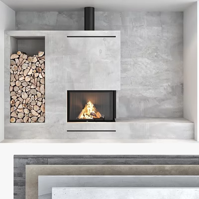 Modern Fireplace Design With Gray Wall Wood Stack And Burning Flames 3d model