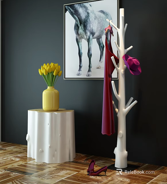 White Tree Shaped Coat Rack With Red Scarf And Yellow Tulip Vase Near Painting 3d model 