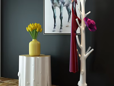 White Tree Shaped Coat Rack With Red Scarf And Yellow Tulip Vase Near Painting 3d model
