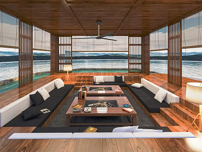 Modern Hotel Lobby Interior Featuring Wooden Structure Large Windows Lake View Sofas And Coffee Tables 3d model