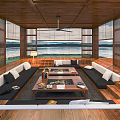Modern Hotel Lobby Interior Featuring Wooden Structure Large Windows Lake View Sofas And Coffee Tables