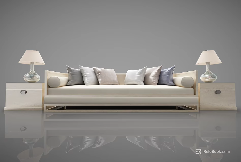 Cream Colored Sectional Sofa With Multiple Cushions And Table Lamps On Side Tables 3d model
