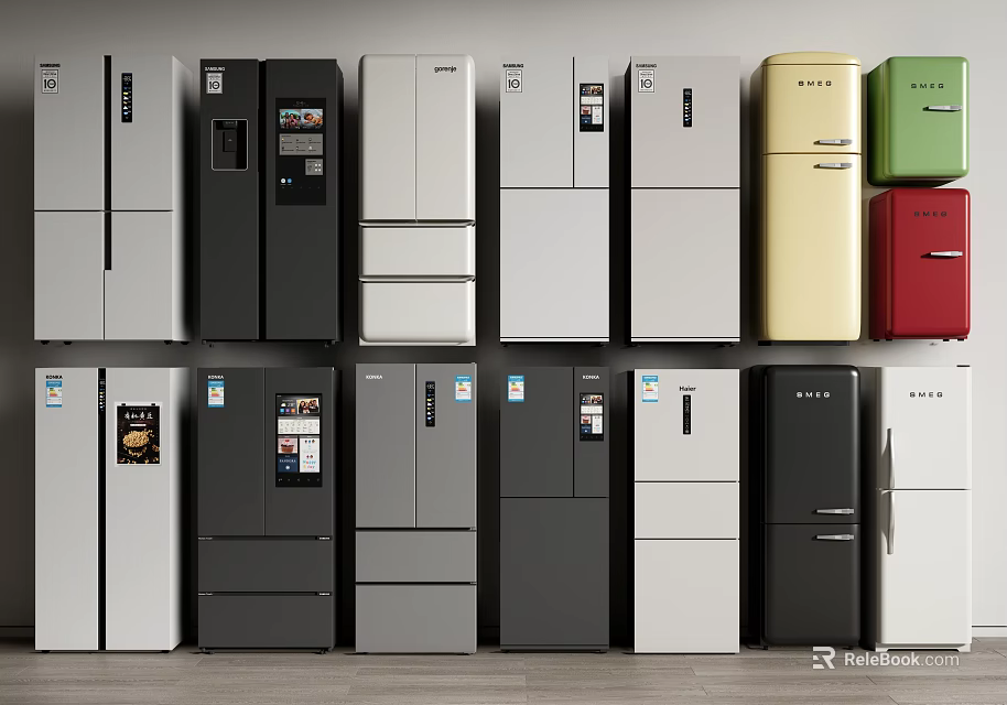 Multiple Modern Refrigerators and Freezers with Various Colors and Styles 3d model