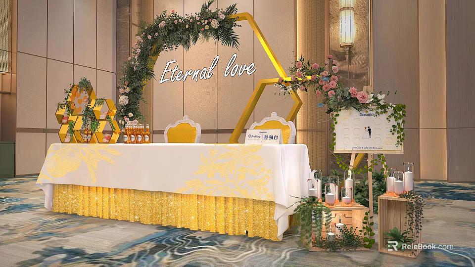 Banquet Hall Interior With Hexagon Floral Arch Yellow Chairs And White Table Skirt 3d model 