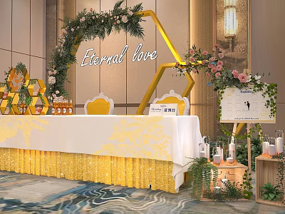 Banquet Hall Interior With Hexagon Floral Arch Yellow Chairs And White Table Skirt 3d model