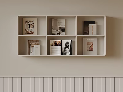 Modern White Wall Mounted Bookshelf With Compartments And Books On Light Colored Wall 3d model