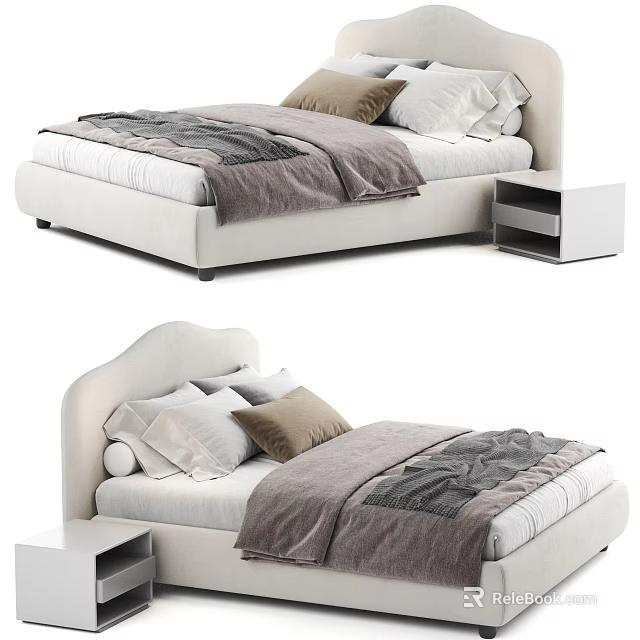 Modern Double Bed With Upholstered Headboard Soft Bedding And Nightstand 3d model 