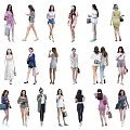 Group of Women in Various Stylish Outfits Carrying Handbags on White Background