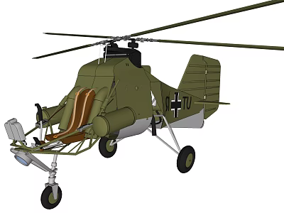 Military Style Green Helicopter with Cross Symbol Brown Seat Rotor and Landing Gear 3d model