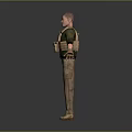 Male Game Film Character In Green Shirt Brown Tactical Vest Khaki Pants With Outstretched Arms