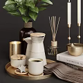 Decorative Ornament Set With Green Plant Candles Diffuser Ceramic Containers And Books For Home Decor