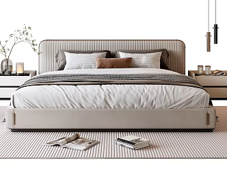 Modern Double Bed Fabric Double Bedside Table Bedside Chandelier Vase Plant Table Lamp 3d model