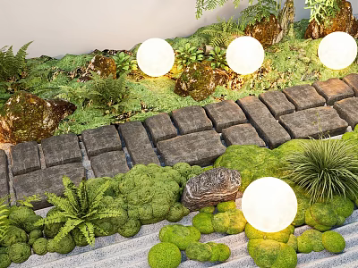 Natural Garden Landscape Design With Stone Pathway Luminous Round Lights Green Plants And Mossy Rocks 3d model