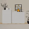White Sideboards In Room With Yellow Vase Painting Green Plants Striped Walls And Floor