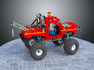 Building Blocks Red Monster Truck with Yellow Stripes Blue Seats Large Tires and Warning Light 3d model