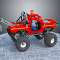 Building Blocks Red Monster Truck with Yellow Stripes Blue Seats Large Tires and Warning Light