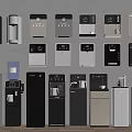 Different Water Dispensers and Coffee Machines in Black White Silver on Wall and Floor