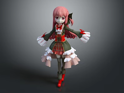 Anime Game Character With Pink Hair Green And Red Outfit White Gloves And Red Boots 3d model