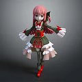 Anime Game Character With Pink Hair Green And Red Outfit White Gloves And Red Boots