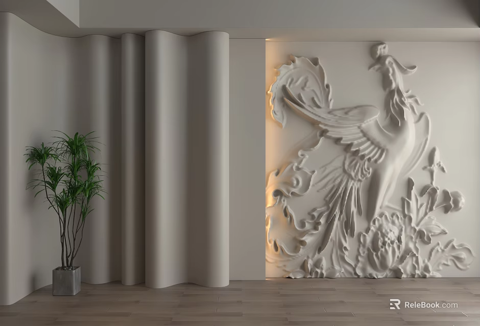 Modern Interior Background Wall With Relief Phoenix Sculpture Curved Panels And Green Plant 3d model 
