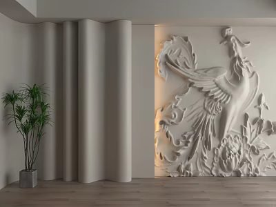 Modern Interior Background Wall With Relief Phoenix Sculpture Curved Panels And Green Plant 3d model
