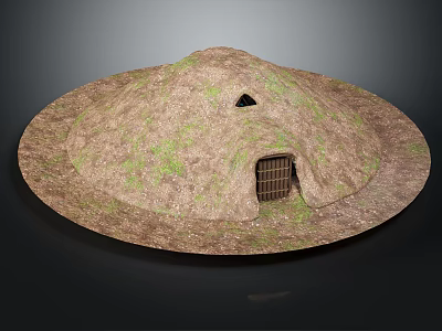 Traditional Dome Shaped Earthen Building with Grass Covered Surface Top Opening and Grilled Door 3d model