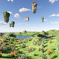 Cartoon Scene Of Floating Stone Pillars With Green Vegetation Hills Blue Sky And White Clouds
