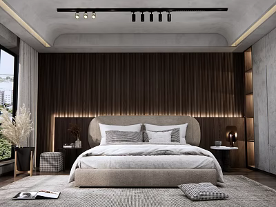 Modern Bedroom Interior Design Featuring Wooden Accent Wall Soft Lighting Gray Bedding And Nightstands 3d model