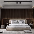 Modern Bedroom Interior Design Featuring Wooden Accent Wall Soft Lighting Gray Bedding And Nightstands