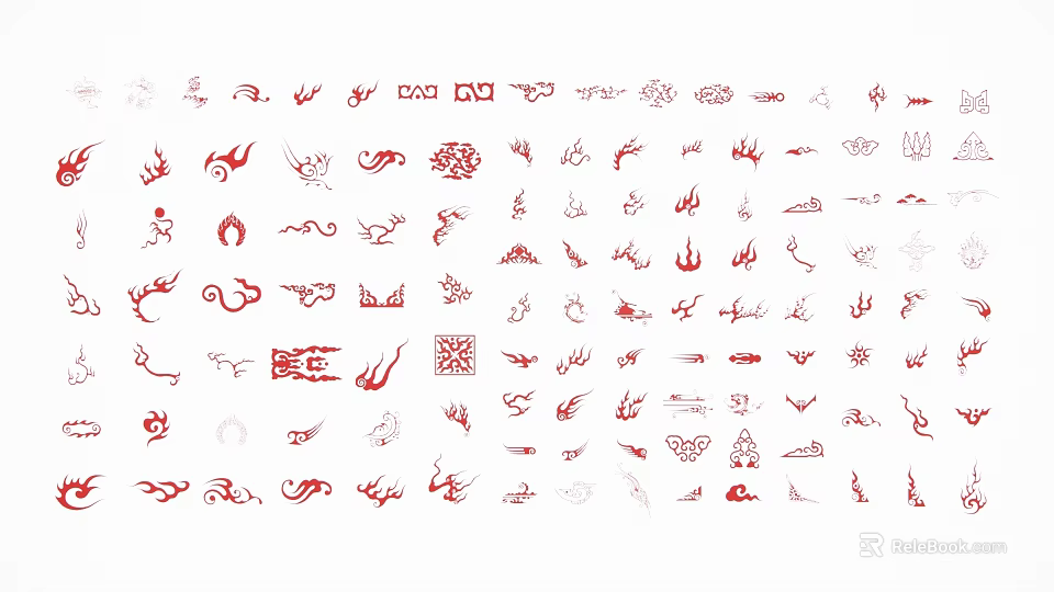 Red And White Ornament Collection With Flame Dragon And Pattern Designs In Various Styles 3d model 