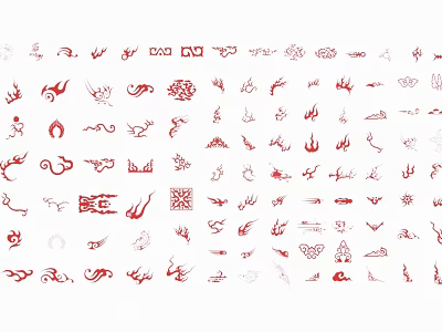 Red And White Ornament Collection With Flame Dragon And Pattern Designs In Various Styles 3d model