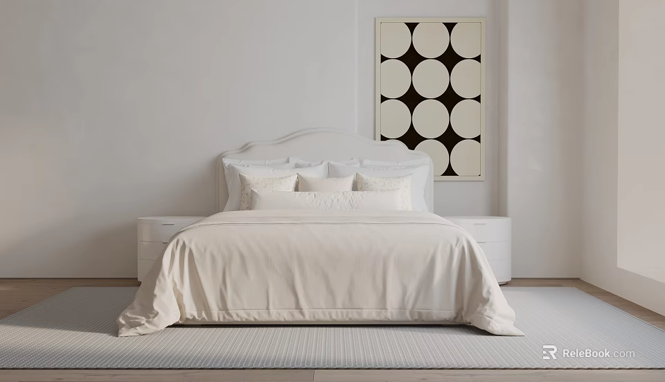 White Double Bed With Beige Bedspread Pillows White Nightstands And Black White Circular Wall Art 3d model 