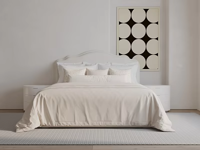 White Double Bed With Beige Bedspread Pillows White Nightstands And Black White Circular Wall Art 3d model