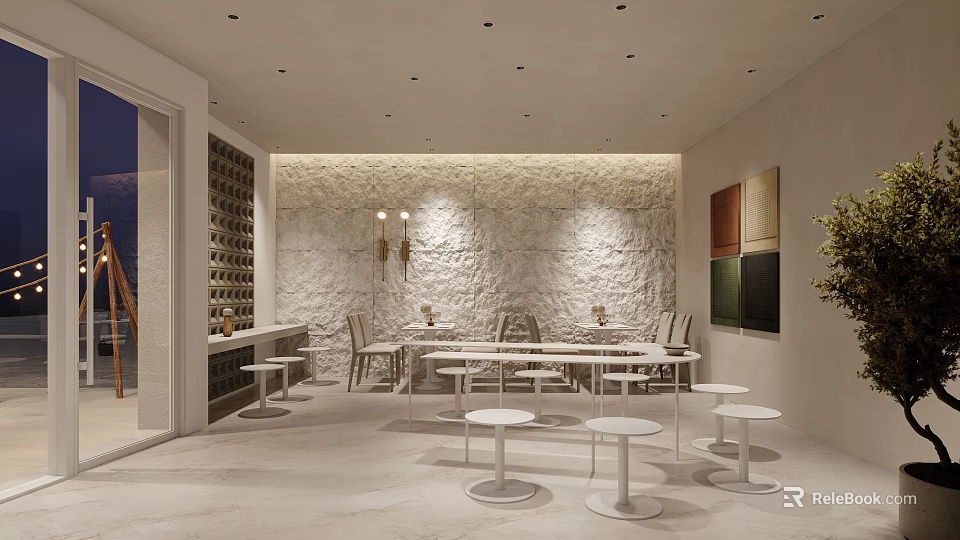 Modern Restaurant Interior Design With Stone Wall And White Round Tables 3d model