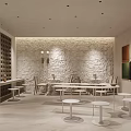 Modern Restaurant Interior Design With Stone Wall And White Round Tables 3d model