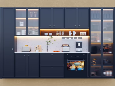 Modern Dark Blue Sideboard With Glass Doors LED Lighting And Dinnerware Storage 3d model